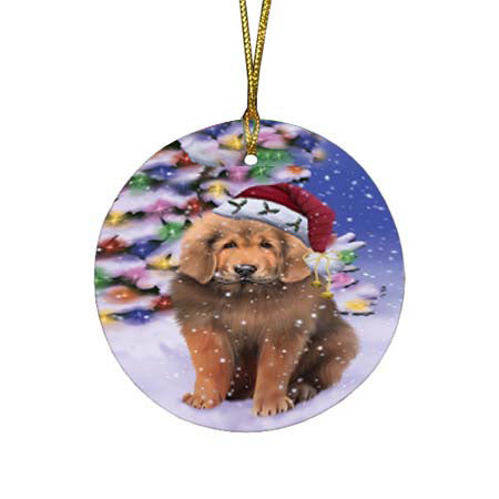 Winterland Wonderland Tibetan Mastiff Dog In Christmas Holiday Scenic Background Round Flat Christmas Ornament RFPOR56094