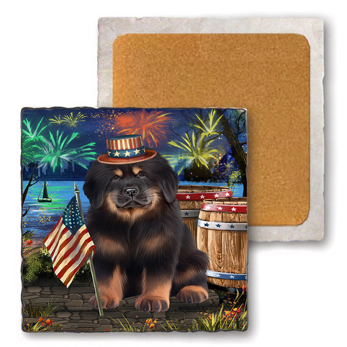 4th of July Independence Day Firework Tibetan Mastiff Dog Set of 4 Natural Stone Marble Tile Coasters MCST49092