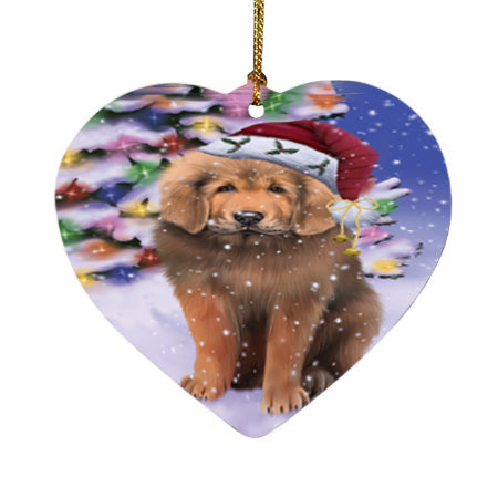 Winterland Wonderland Tibetan Mastiff Dog In Christmas Holiday Scenic Background Heart Christmas Ornament HPOR56094