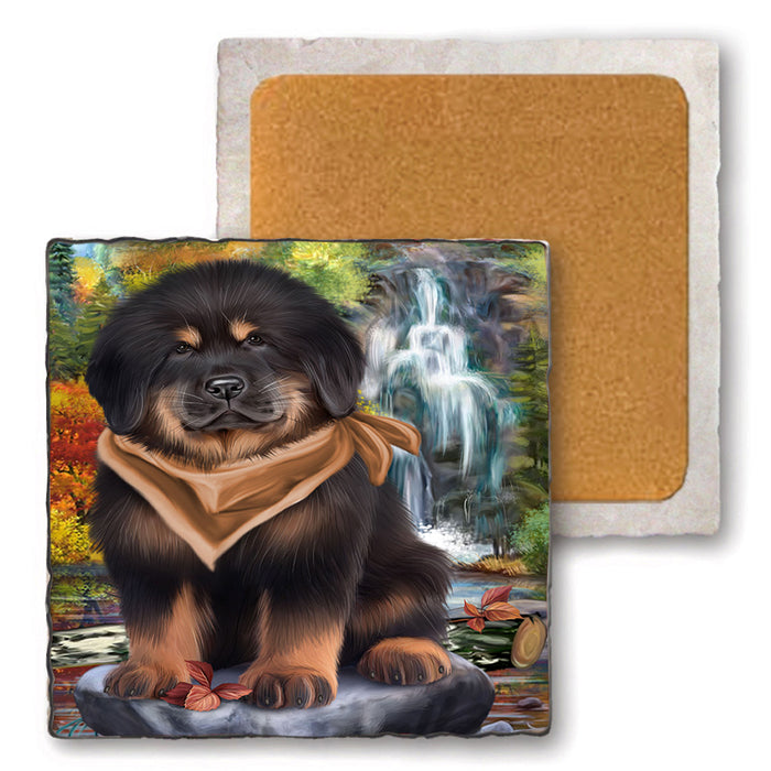 Scenic Waterfall Tibetan Mastiff Dog Set of 4 Natural Stone Marble Tile Coasters MCST49696