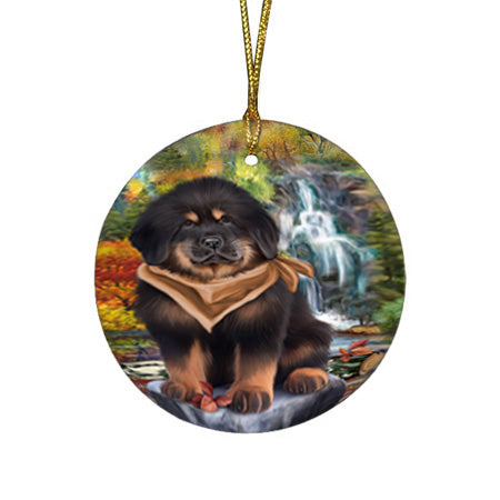Scenic Waterfall Tibetan Mastiff Dog Round Flat Christmas Ornament RFPOR54815