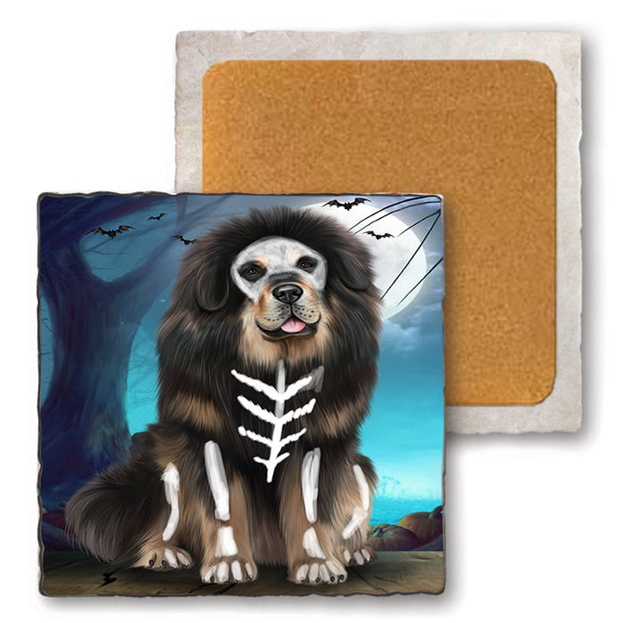 Happy Halloween Trick or Treat Tibetan Mastiff Dog Set of 4 Natural Stone Marble Tile Coasters MCST49538
