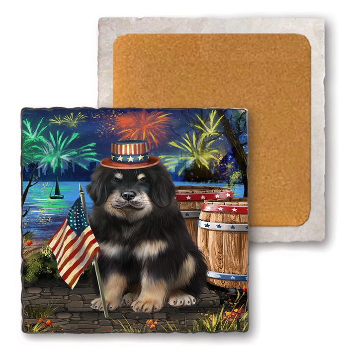 4th of July Independence Day Firework Tibetan Mastiff Dog Set of 4 Natural Stone Marble Tile Coasters MCST49093