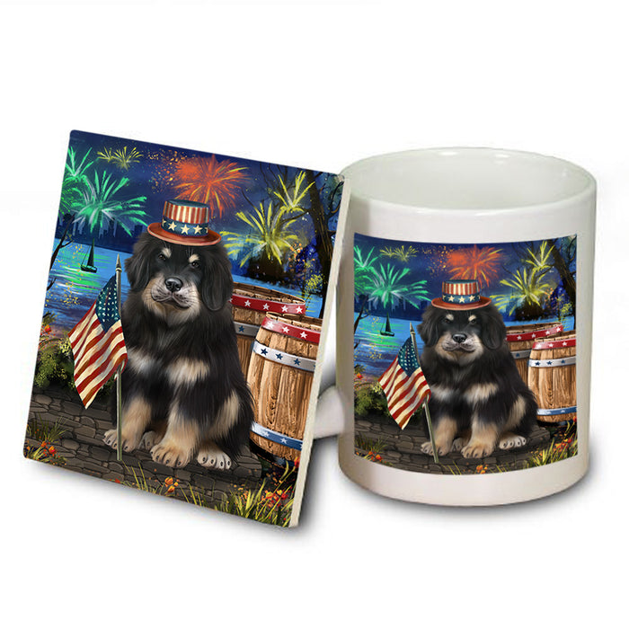 4th of July Independence Day Firework Tibetan Mastiff Dog Mug and Coaster Set MUC54085