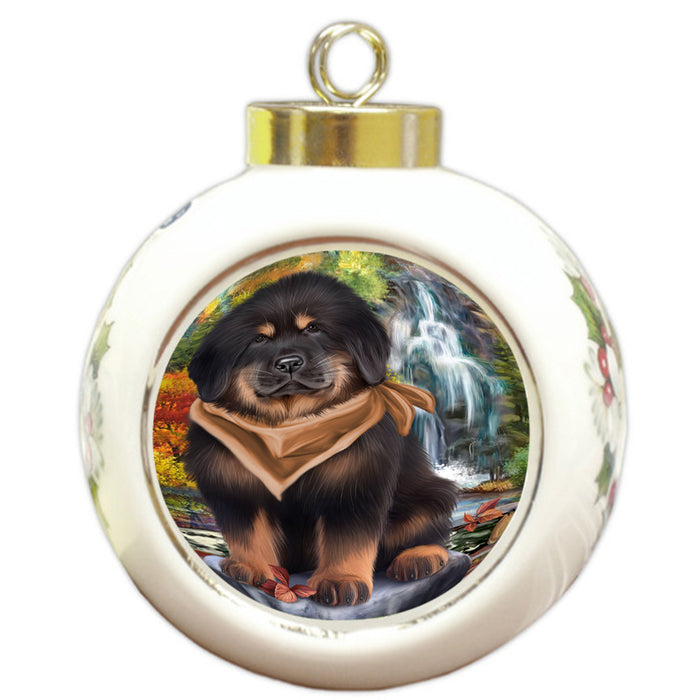 Scenic Waterfall Tibetan Mastiff Dog Round Ball Christmas Ornament RBPOR54824