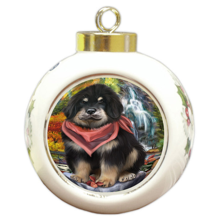 Scenic Waterfall Tibetan Mastiff Dog Round Ball Christmas Ornament RBPOR54825
