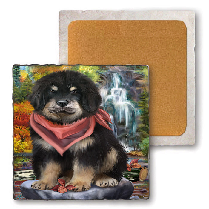Scenic Waterfall Tibetan Mastiff Dog Set of 4 Natural Stone Marble Tile Coasters MCST49697
