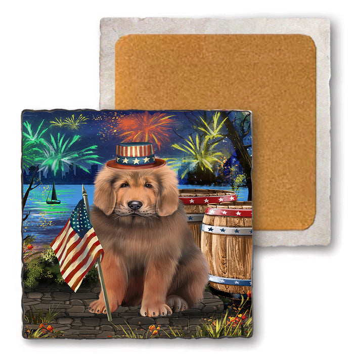 4th of July Independence Day Firework Tibetan Mastiff Dog Set of 4 Natural Stone Marble Tile Coasters MCST49094