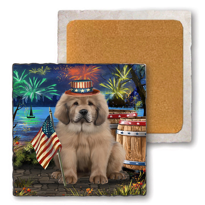 4th of July Independence Day Firework Tibetan Mastiff Dog Set of 4 Natural Stone Marble Tile Coasters MCST49095