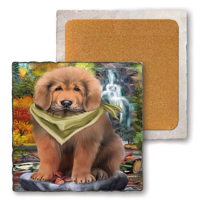 Scenic Waterfall Tibetan Mastiff Dog Set of 4 Natural Stone Marble Tile Coasters MCST49698