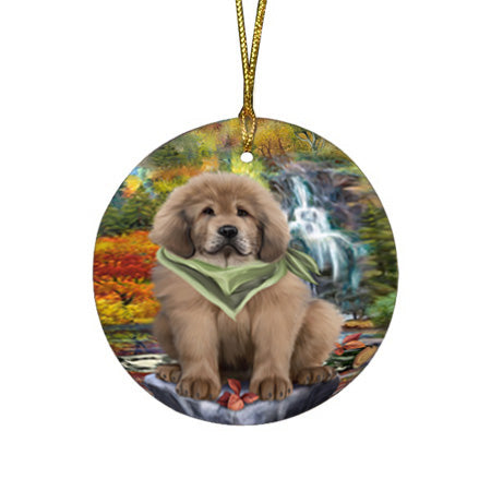Scenic Waterfall Tibetan Mastiff Dog Round Flat Christmas Ornament RFPOR54818