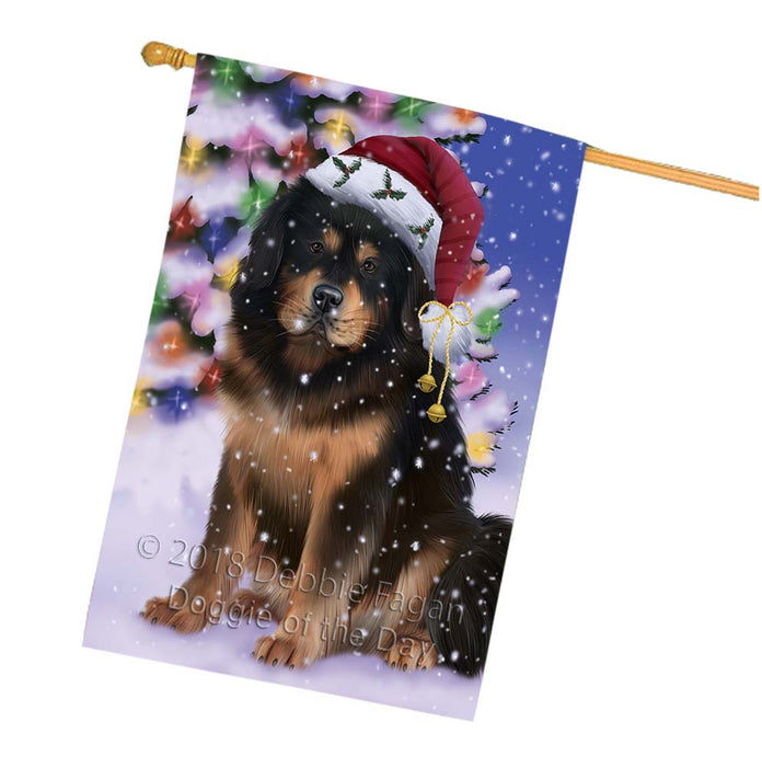Winterland Wonderland Tibetan Mastiff Dog In Christmas Holiday Scenic Background House Flag FLG56168