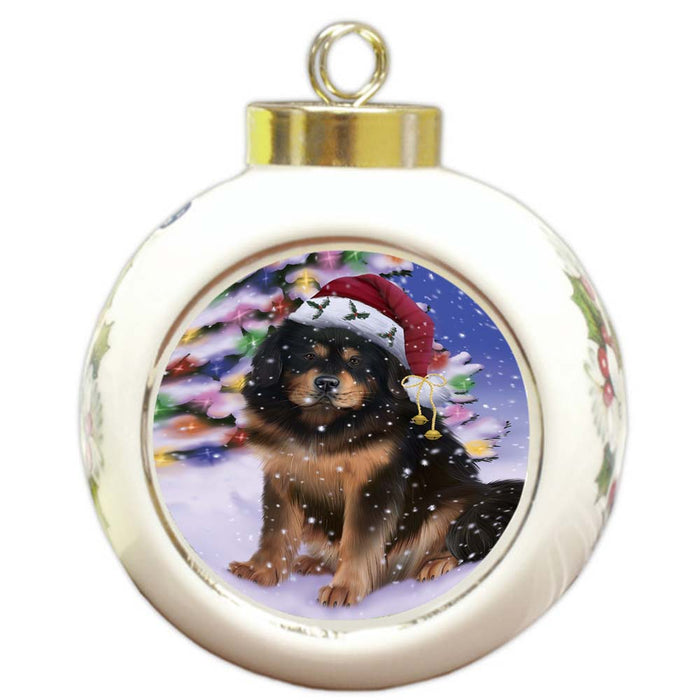 Winterland Wonderland Tibetan Mastiff Dog In Christmas Holiday Scenic Background Round Ball Christmas Ornament RBPOR56095