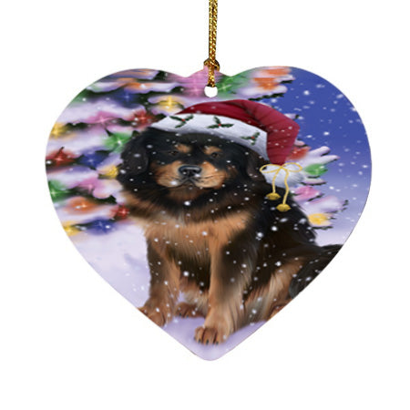 Winterland Wonderland Tibetan Mastiff Dog In Christmas Holiday Scenic Background Heart Christmas Ornament HPOR56095