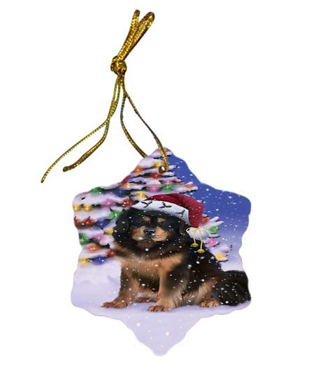 Winterland Wonderland Tibetan Mastiff Dog In Christmas Holiday Scenic Background Star Porcelain Ornament SPOR56095