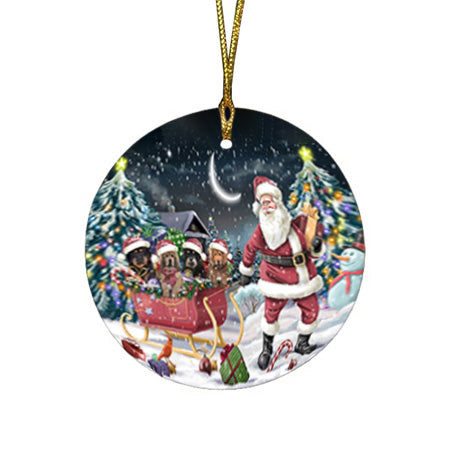 Santa Sled Christmas Happy Holidays Tibetan Mastiffs Dog Round Flat Christmas Ornament RFPOR54373