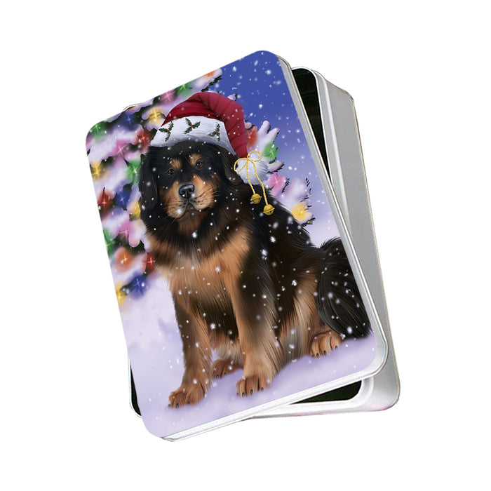 Winterland Wonderland Tibetan Mastiff Dog In Christmas Holiday Scenic Background Photo Storage Tin PITN55682