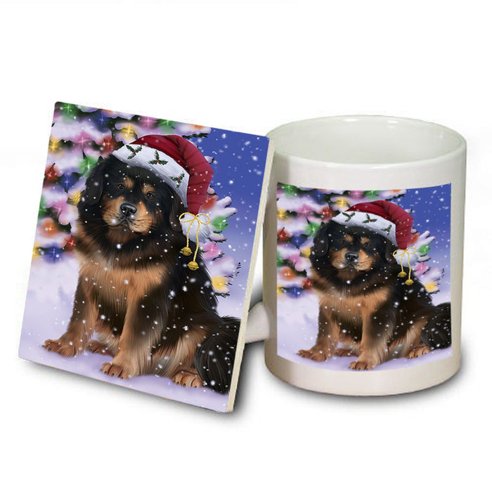 Winterland Wonderland Tibetan Mastiff Dog In Christmas Holiday Scenic Background Mug and Coaster Set MUC55731