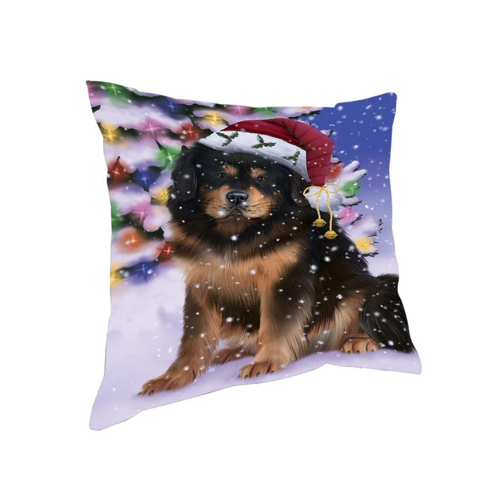 Winterland Wonderland Tibetan Mastiff Dog In Christmas Holiday Scenic Background Pillow PIL71884