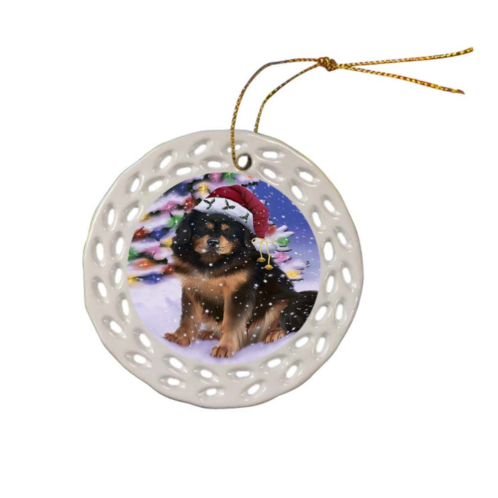 Winterland Wonderland Tibetan Mastiff Dog In Christmas Holiday Scenic Background Ceramic Doily Ornament DPOR56095