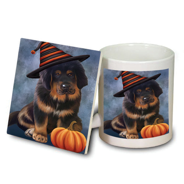 Happy Halloween Tibetan Mastiff Dog Wearing Witch Hat with Pumpkin Mug and Coaster Set MUC54816