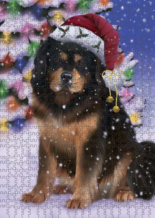 Winterland Wonderland Tibetan Mastiff Dog In Christmas Holiday Scenic Background Puzzle with Photo Tin PUZL91160