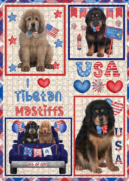 4th of July Independence Day I Love USA Tibetan Mastiff Dogs Portrait Jigsaw Puzzle for Adults Animal Interlocking Puzzle Game Unique Gift for Dog Lover's with Metal Tin Box