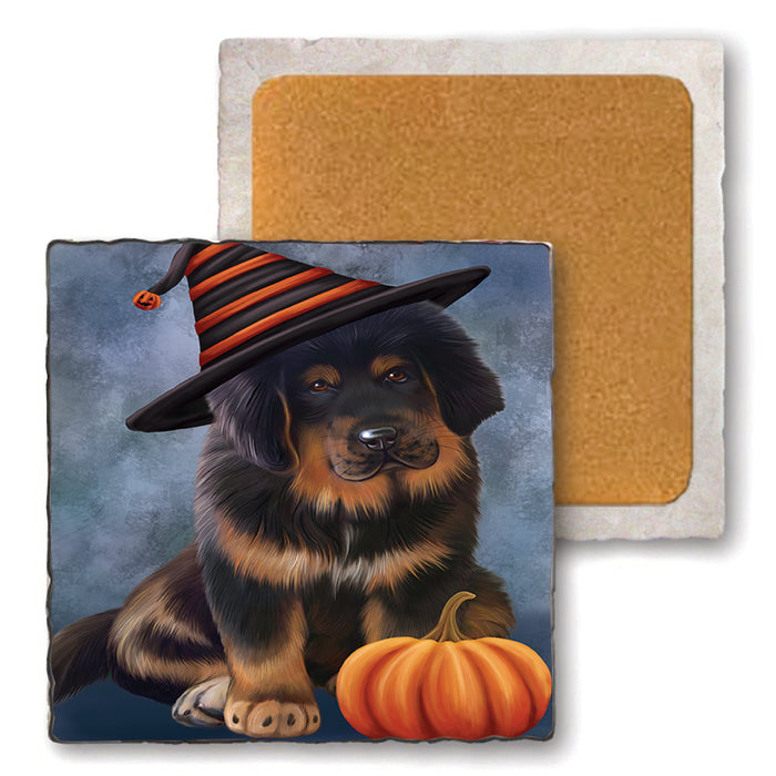 Happy Halloween Tibetan Mastiff Dog Wearing Witch Hat with Pumpkin Set of 4 Natural Stone Marble Tile Coasters MCST49824