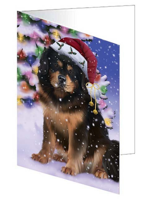 Winterland Wonderland Tibetan Mastiff Dog In Christmas Holiday Scenic Background Handmade Artwork Assorted Pets Greeting Cards and Note Cards with Envelopes for All Occasions and Holiday Seasons GCD71732