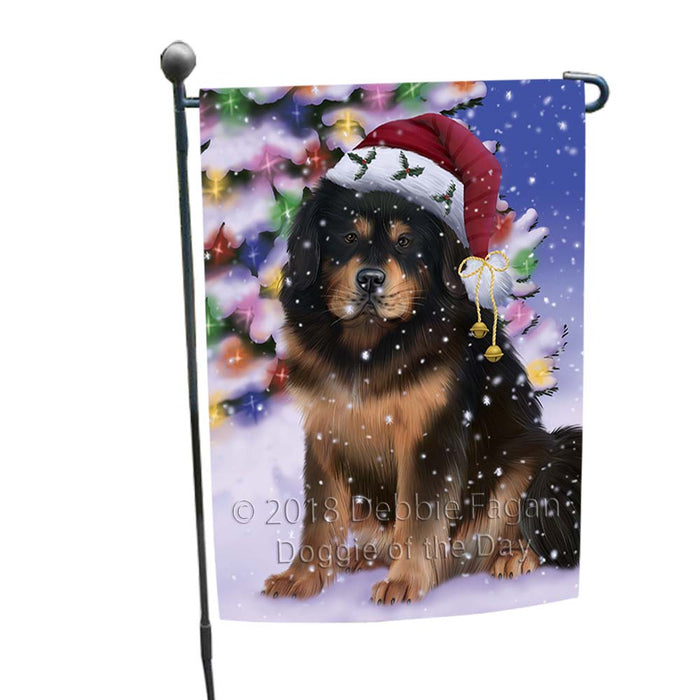 Winterland Wonderland Tibetan Mastiff Dog In Christmas Holiday Scenic Background Garden Flag GFLG56032