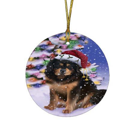 Winterland Wonderland Tibetan Mastiff Dog In Christmas Holiday Scenic Background Round Flat Christmas Ornament RFPOR56095