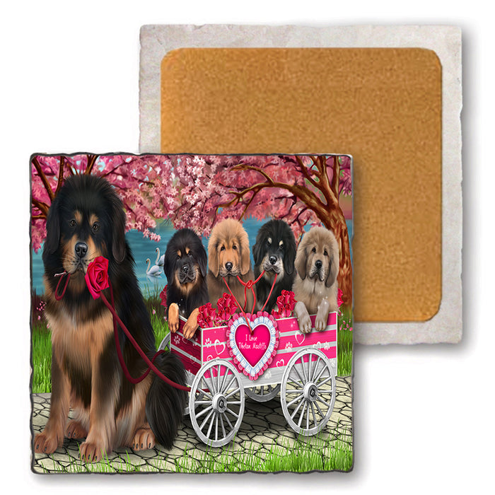 I Love Tibetan Mastiffs Dog in a Cart Set of 4 Natural Stone Marble Tile Coasters MCST49214