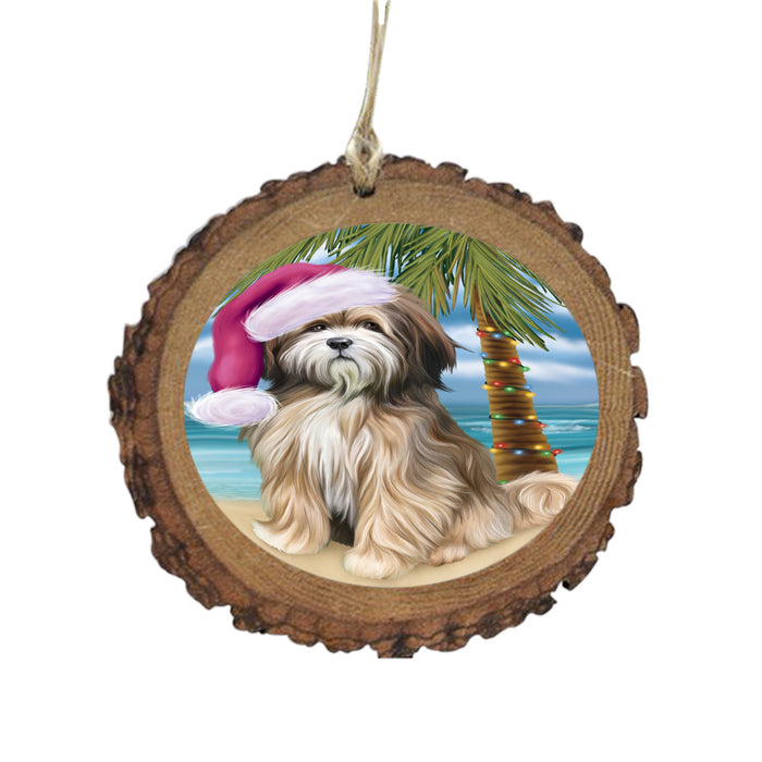 Summertime Happy Holidays Christmas Tibetan Terrier Dog on Tropical Island Beach Wooden Christmas Ornament WOR49399