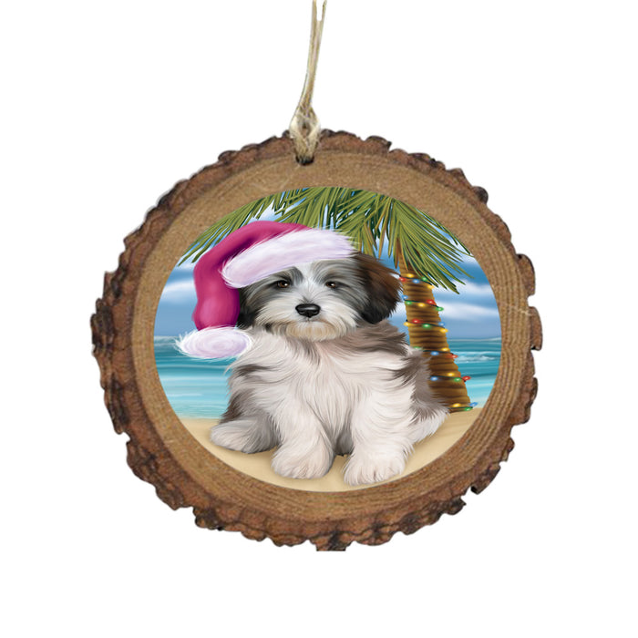 Summertime Happy Holidays Christmas Tibetan Terrier Dog on Tropical Island Beach Wooden Christmas Ornament WOR49400