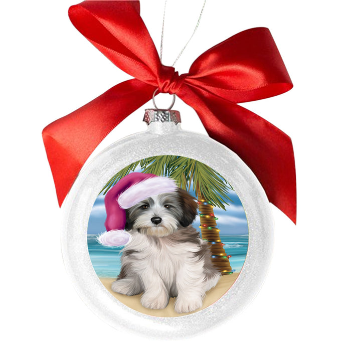 Summertime Happy Holidays Christmas Tibetan Terrier Dog on Tropical Island Beach White Round Ball Christmas Ornament WBSOR49400