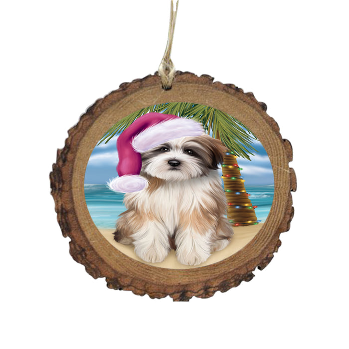 Summertime Happy Holidays Christmas Tibetan Terrier Dog on Tropical Island Beach Wooden Christmas Ornament WOR49401