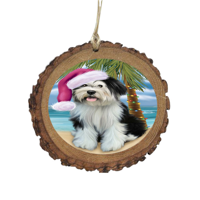 Summertime Happy Holidays Christmas Tibetan Terrier Dog on Tropical Island Beach Wooden Christmas Ornament WOR49402