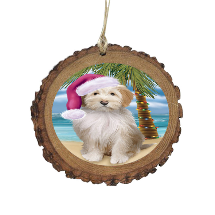 Summertime Happy Holidays Christmas Tibetan Terrier Dog on Tropical Island Beach Wooden Christmas Ornament WOR49403