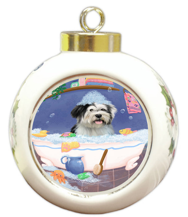 Rub A Dub Dog In A Tub Tibetan Terrier Dog Round Ball Christmas Ornament RBPOR58690
