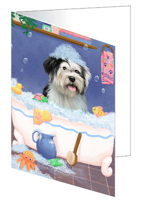 Rub A Dub Dog In A Tub Tibetan Terrier Dog Handmade Artwork Assorted Pets Greeting Cards and Note Cards with Envelopes for All Occasions and Holiday Seasons GCD79712