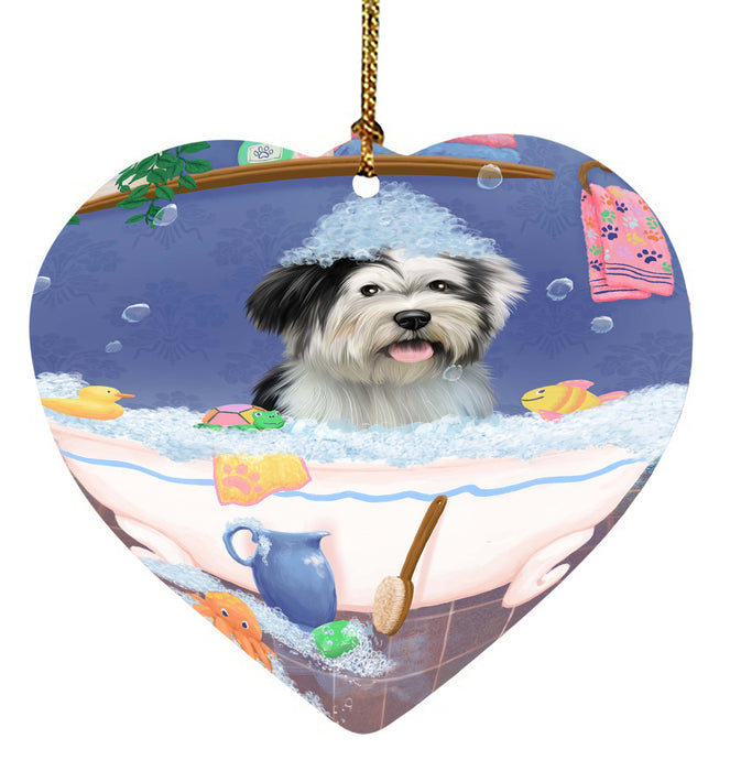 Rub A Dub Dog In A Tub Tibetan Terrier Dog Heart Christmas Ornament HPORA58706