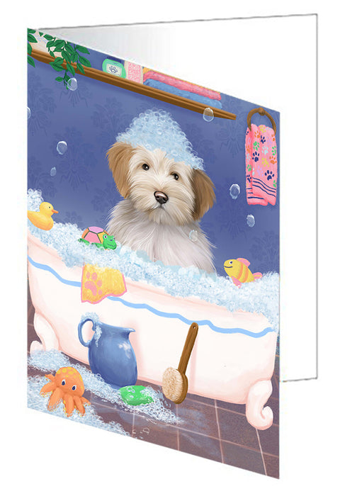 Rub A Dub Dog In A Tub Tibetan Terrier Dog Handmade Artwork Assorted Pets Greeting Cards and Note Cards with Envelopes for All Occasions and Holiday Seasons GCD79715