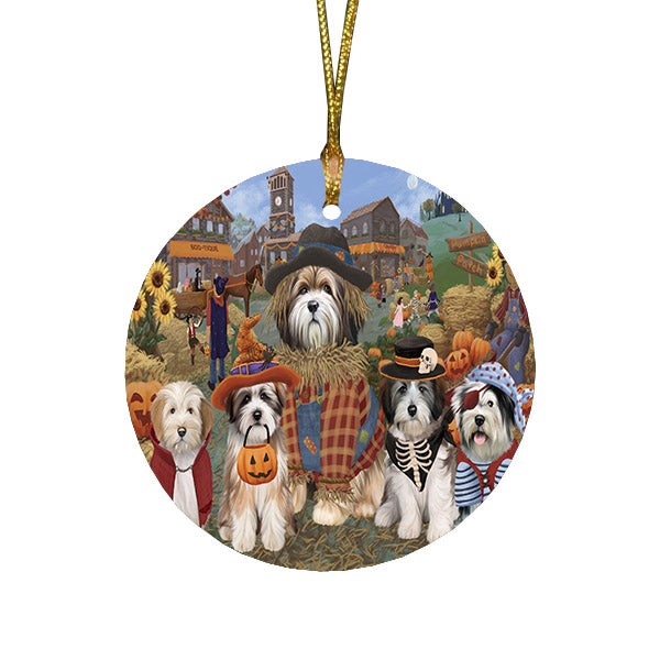 Halloween 'Round Town And Fall Pumpkin Scarecrow Both Tibetan Terrier Dogs Round Flat Christmas Ornament RFPOR57614