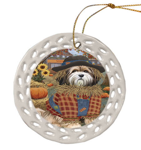 Fall Pumpkin Scarecrow Tibetan Terrier Dogs Ceramic Doily Ornament DPOR57771