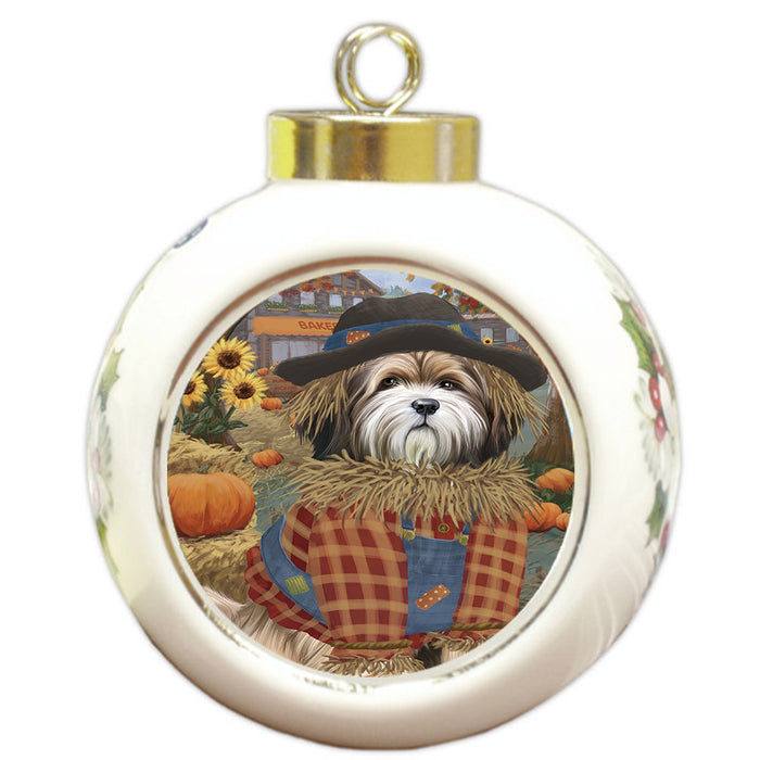 Halloween 'Round Town And Fall Pumpkin Scarecrow Both Tibetan Terrier Dog Round Ball Christmas Ornament RBPOR57675