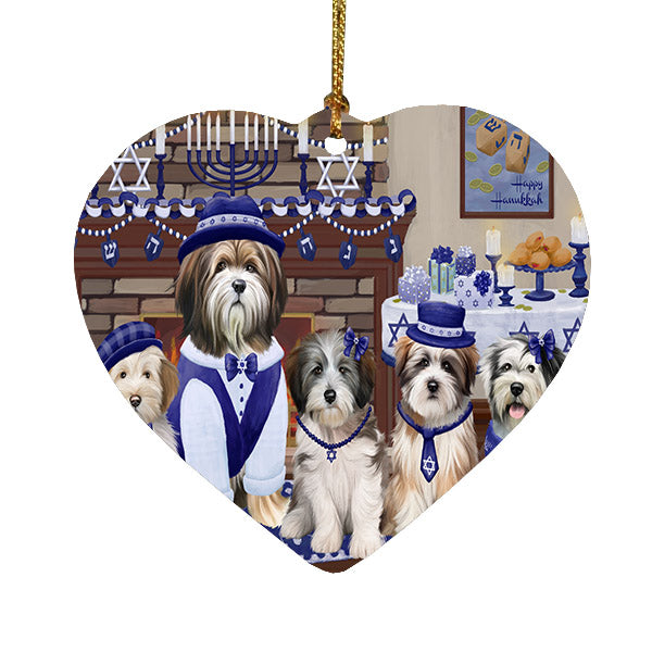 Happy Hanukkah Family Tibetan Terrier Dogs Heart Christmas Ornament HPOR57740