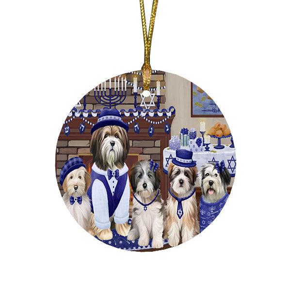 Happy Hanukkah Family and Happy Hanukkah Both Tibetan Terrier Dogs Round Flat Christmas Ornament RFPOR57644