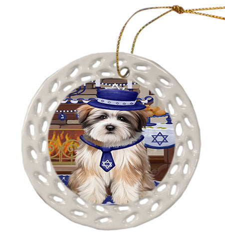 Happy Hanukkah Tibetan Terrier Dog Ceramic Doily Ornament DPOR57801