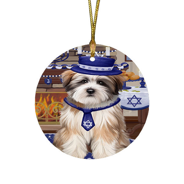 Happy Hanukkah Family and Happy Hanukkah Both Tibetan Terrier Dog Round Flat Christmas Ornament RFPOR57705