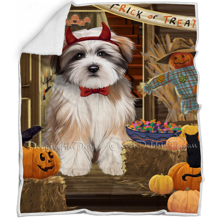 Enter at Own Risk Trick or Treat Halloween Tibetan Terrier Dog Blanket BLNKT97149